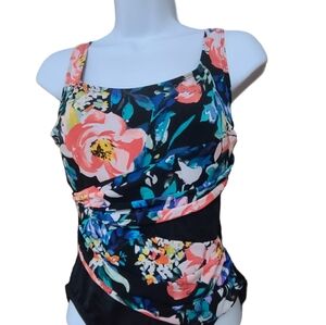 Robby Len Longitude Slimming Black Floral One-Piece Swimsuit Size 8